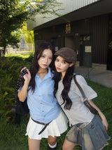 라인 스톤 SS 체크 셔츠