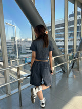 Edge embroidery pigment half pants