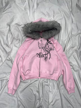 Cross Logo glitter Fur Zip Hoodie