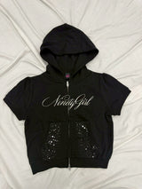Ninety Girl Sequined Short Sleeve Zip Hoodie
