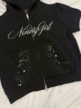Ninety Girl Sequined Short Sleeve Zip Hoodie