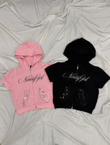 Ninety Girl Sequined Short Sleeve Zip Hoodie