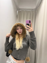 Fur Hooded Zip-Up Knit