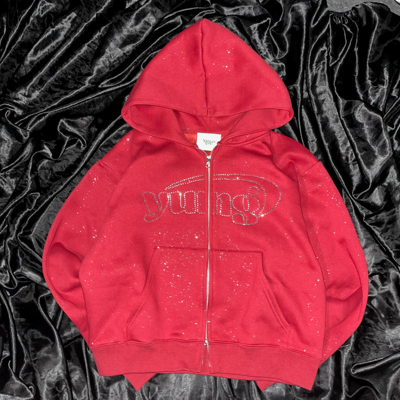 Universal logo rhinestone zip hoodie