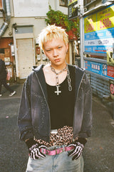 子弹标志水钻拉链连帽衫 