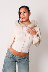 line stone fur hoodie