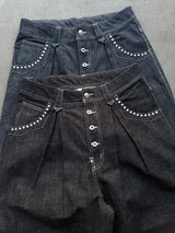 Front-Tuck Pearl Wide Denim Pants