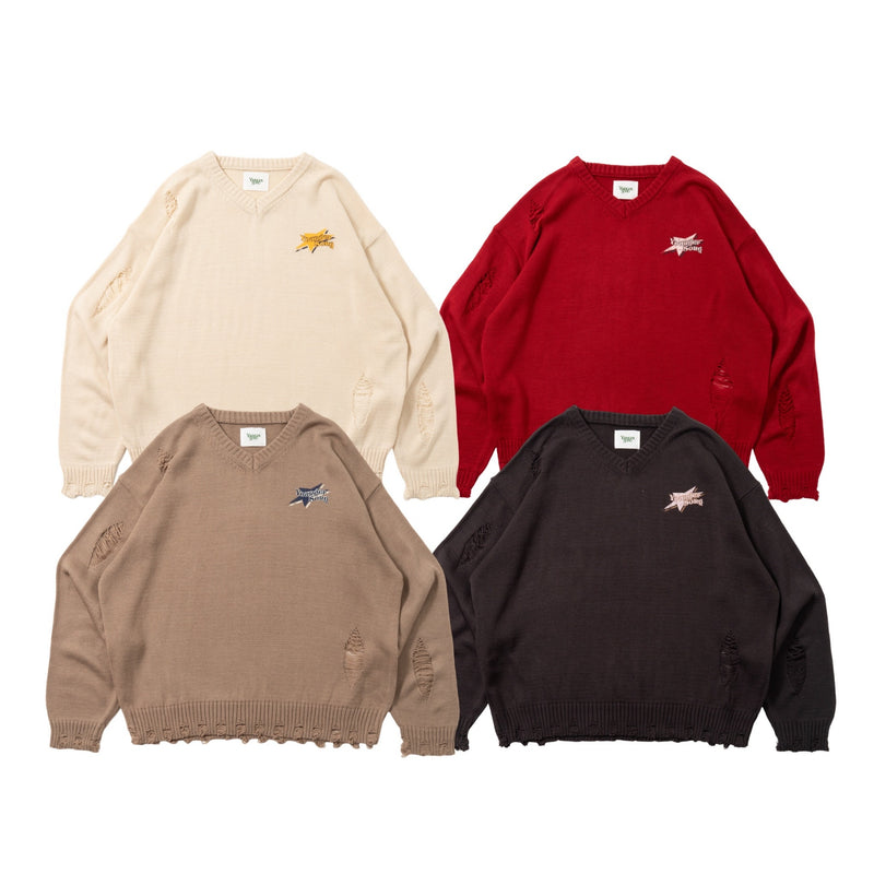 star logo v neck damage knit