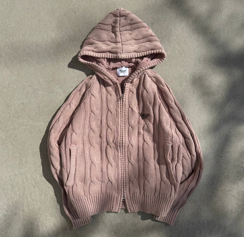 Powder wash cable knit zip hoodie