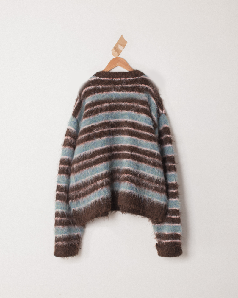 wool mix shaggy v neck border sweater – YZ