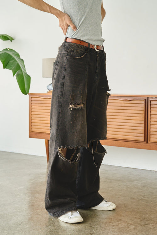 wide baggy broken denim trousers