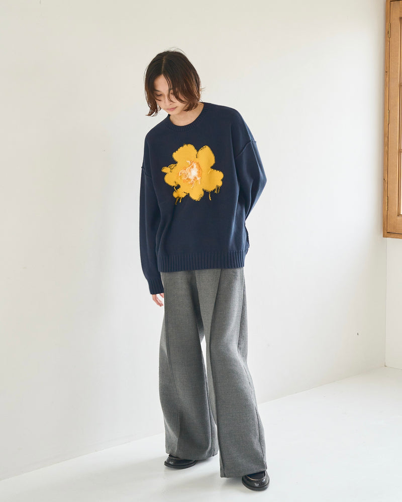 inside out flower motif cotton sweater