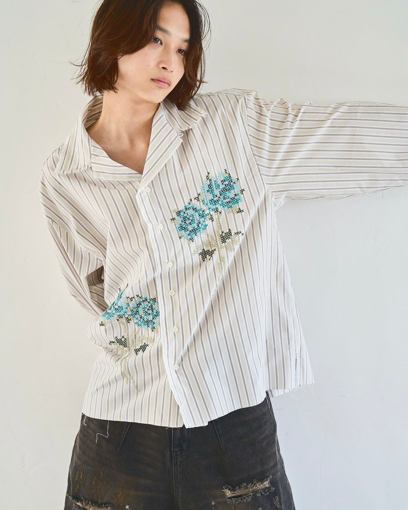 Flower Embroidery Cut Off Stripe L/S Shirt