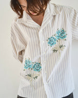 Flower Embroidery Cut Off Stripe L/S Shirt