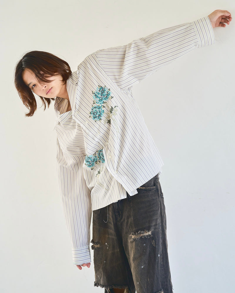 Flower Embroidery Cut Off Stripe L/S Shirt