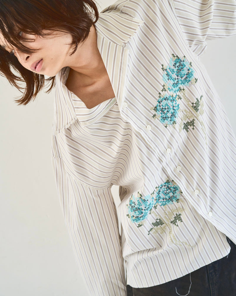 Flower Embroidery Cut Off Stripe L/S Shirt