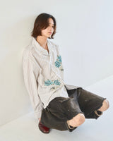 Flower Embroidery Cut Off Stripe L/S Shirt