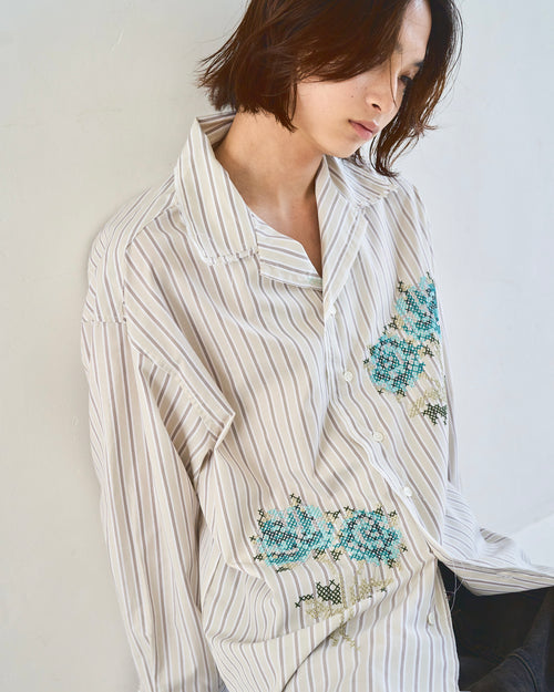 Flower Embroidery Cut Off Stripe L/S Shirt