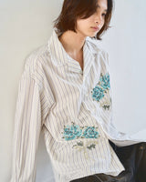 Flower Embroidery Cut Off Stripe L/S Shirt