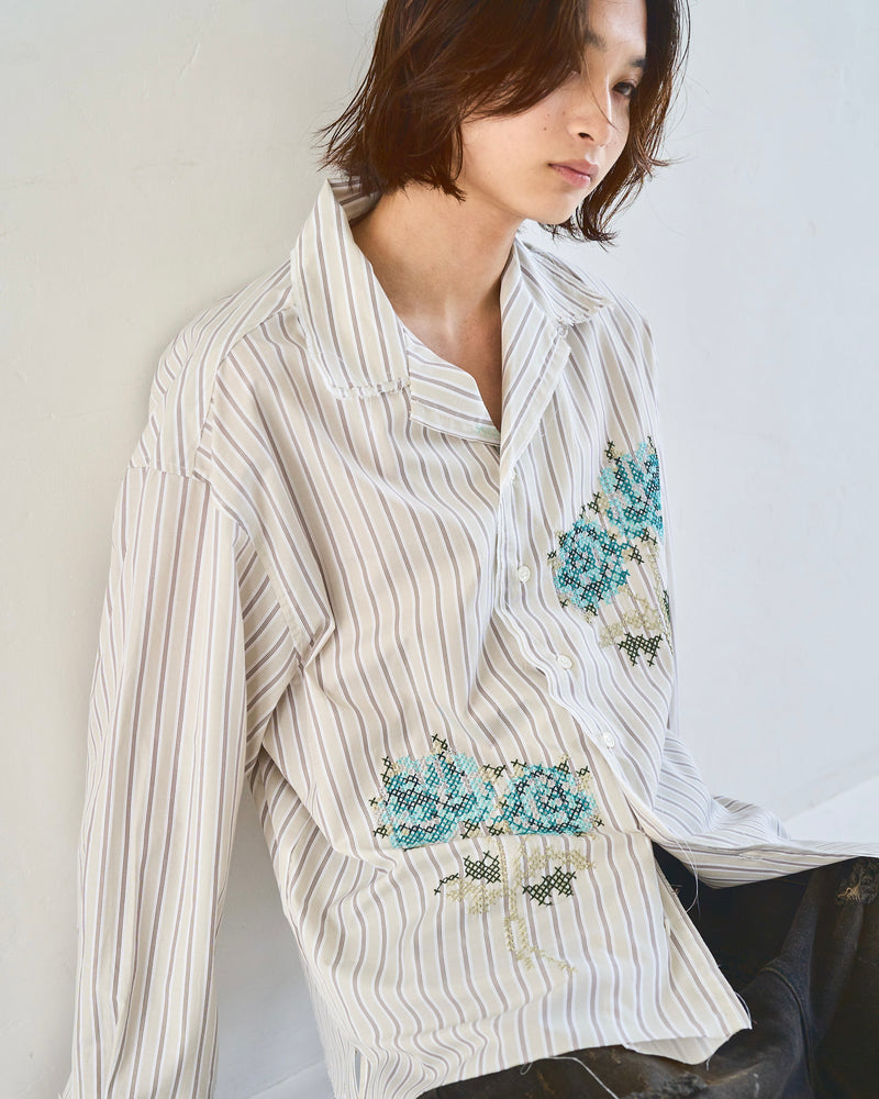 flower embroidery cut off stripe l/s shirt