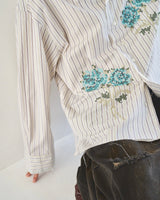 Flower Embroidery Cut Off Stripe L/S Shirt