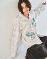 Flower Embroidery Cut Off Stripe L/S Shirt