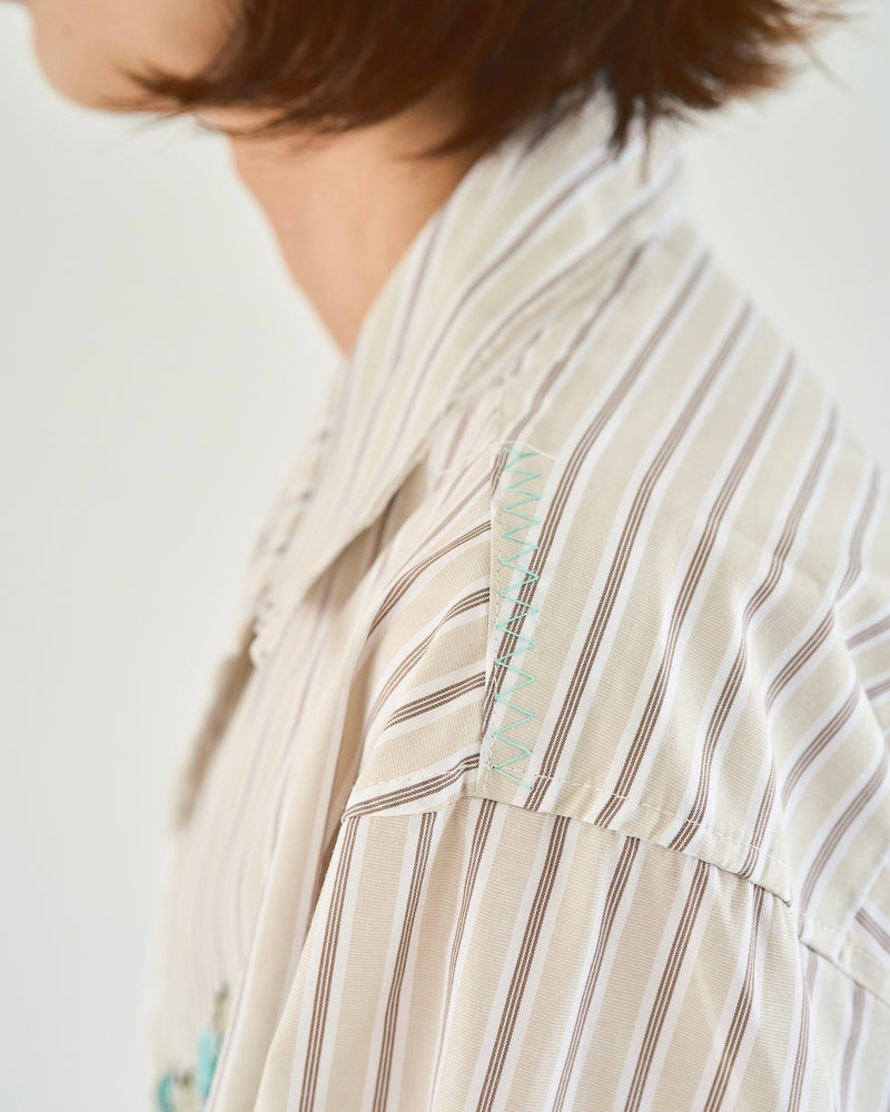 Flower Embroidery Cut Off Stripe L/S Shirt