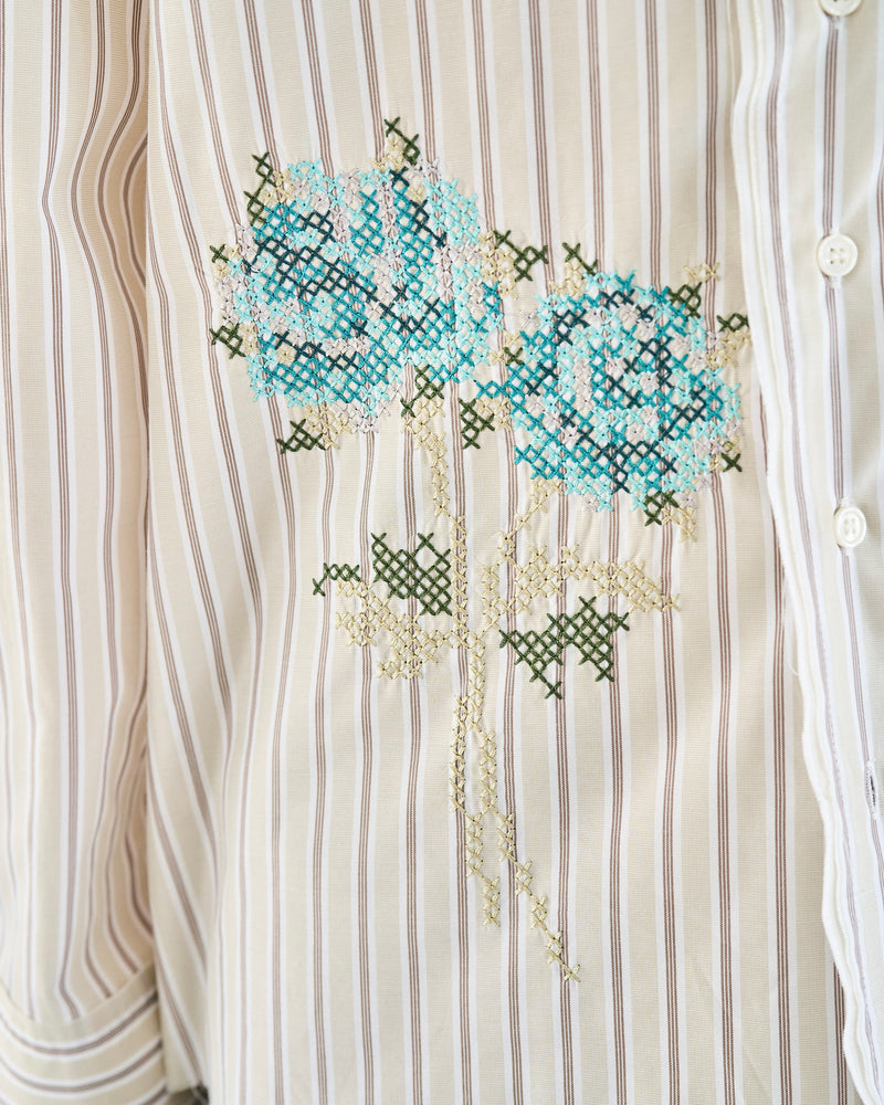 Flower Embroidery Cut Off Stripe L/S Shirt