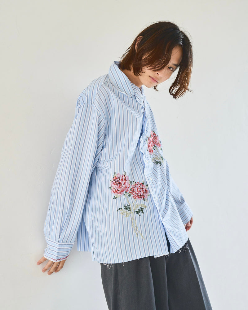 Flower Embroidery Cut Off Stripe L/S Shirt