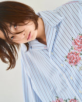 Flower Embroidery Cut Off Stripe L/S Shirt