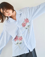 Flower Embroidery Cut Off Stripe L/S Shirt