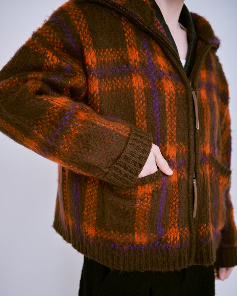 brushed check drivers knit jacket