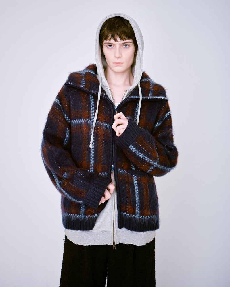 brushed check drivers knit jacket