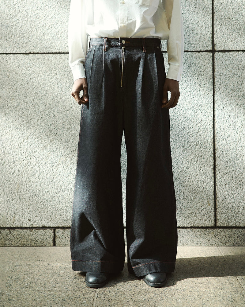 【 CamphorWood × Wrangler 】front zip wide baggy broken denim trousers