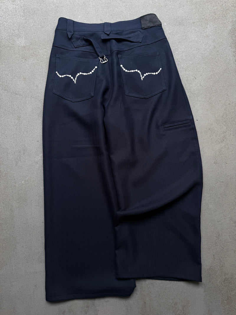 Pearl Studded Wide-Tuck Herringbone Slacks – YZ