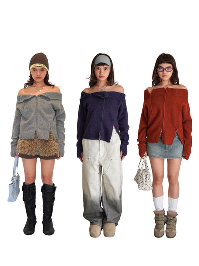 off shoulder zip knit