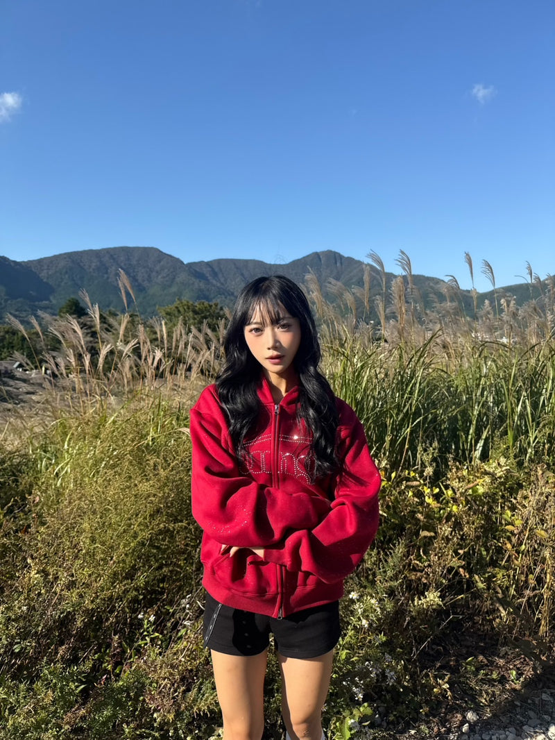 Universal logo rhinestone zip hoodie