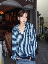 Striped rib knit zip hoodie