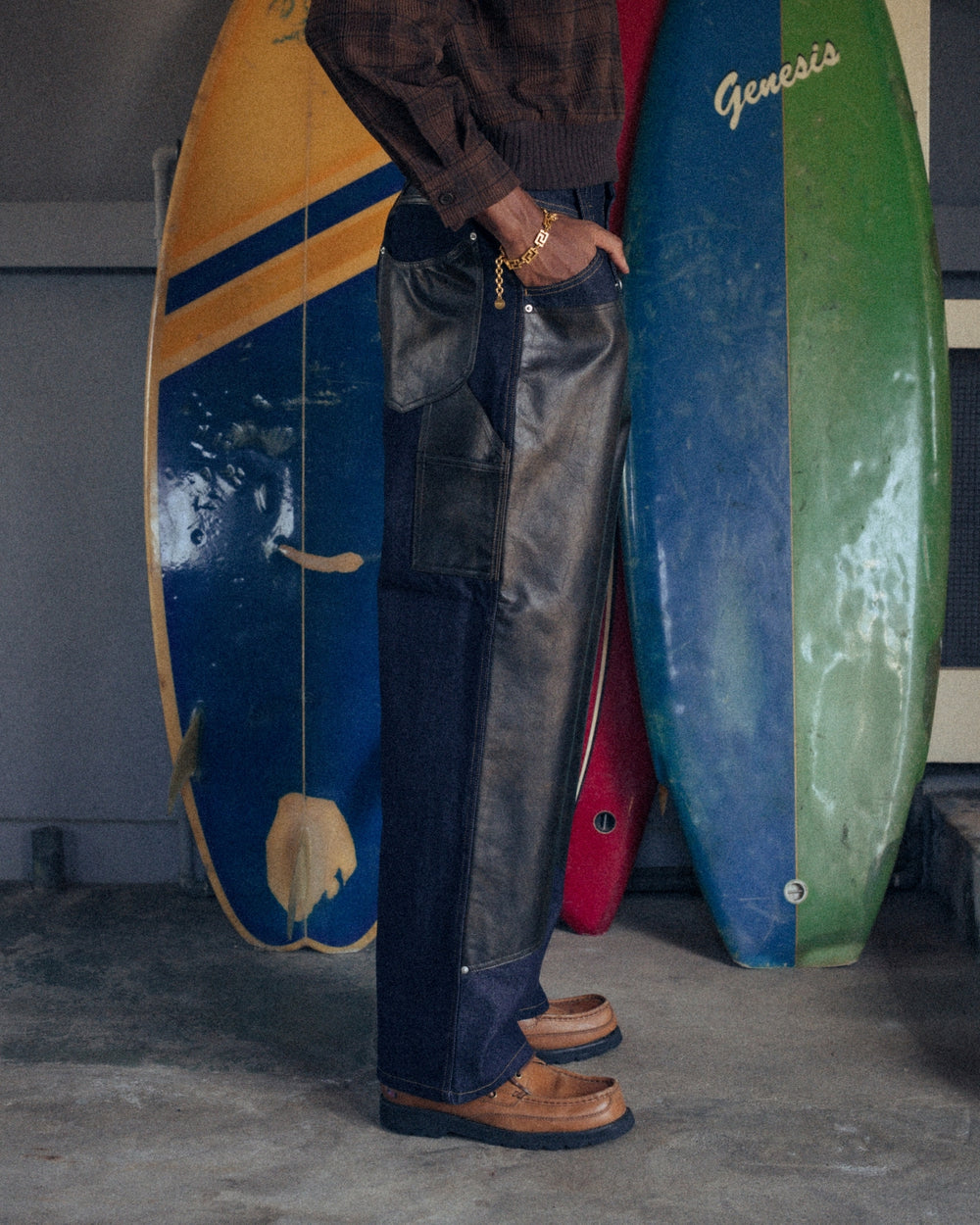 Western Double Knee Leather Switching Wide Denim Pants – YZ