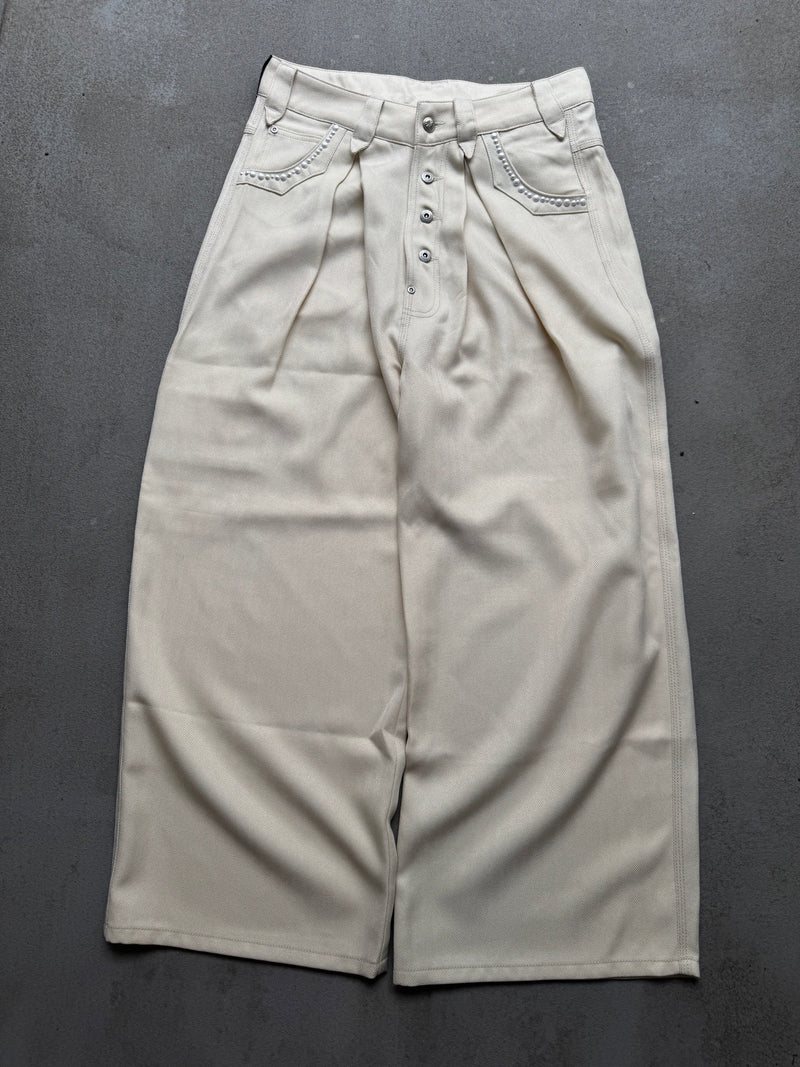 Pearl Studded Wide-Tuck Herringbone Slacks – YZ