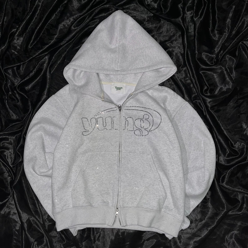 Universal logo rhinestone zip hoodie