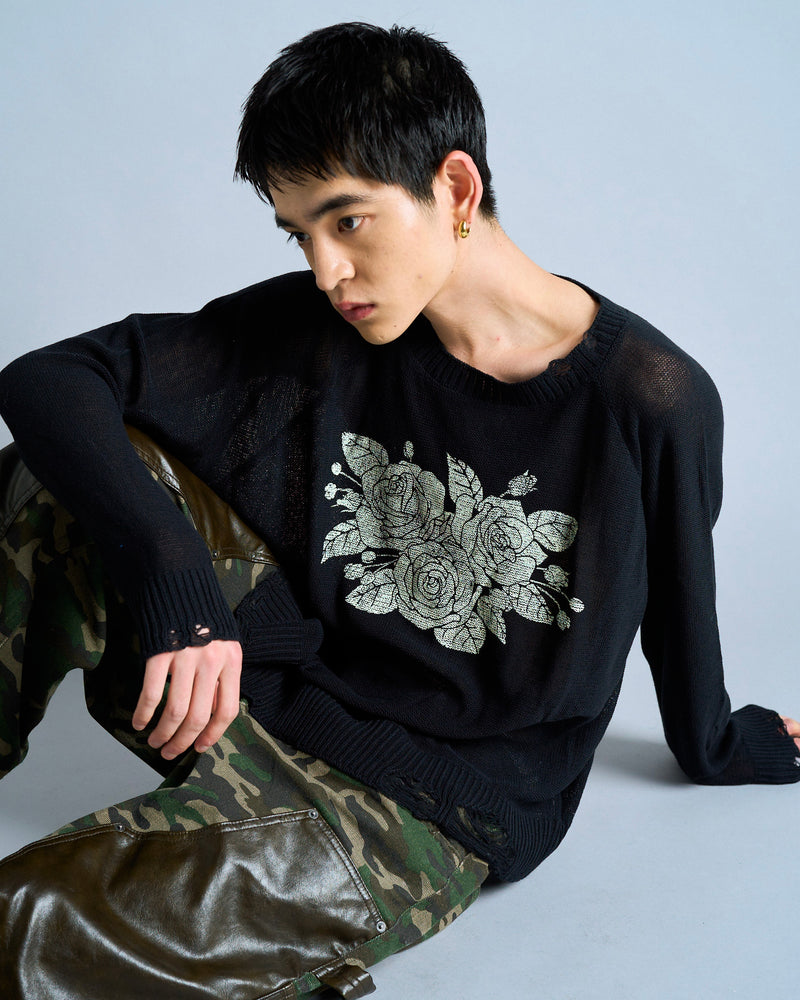 flower paint broken long sleeve sheer sweater