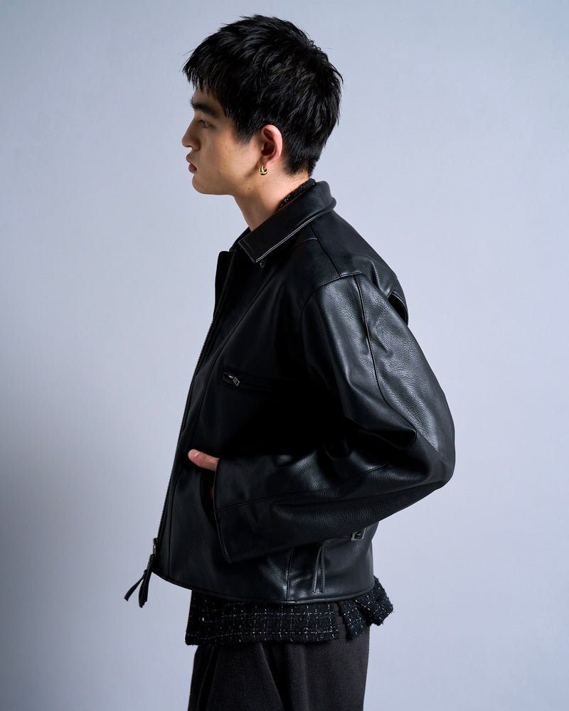 short length zipped PU-leather sport jacket