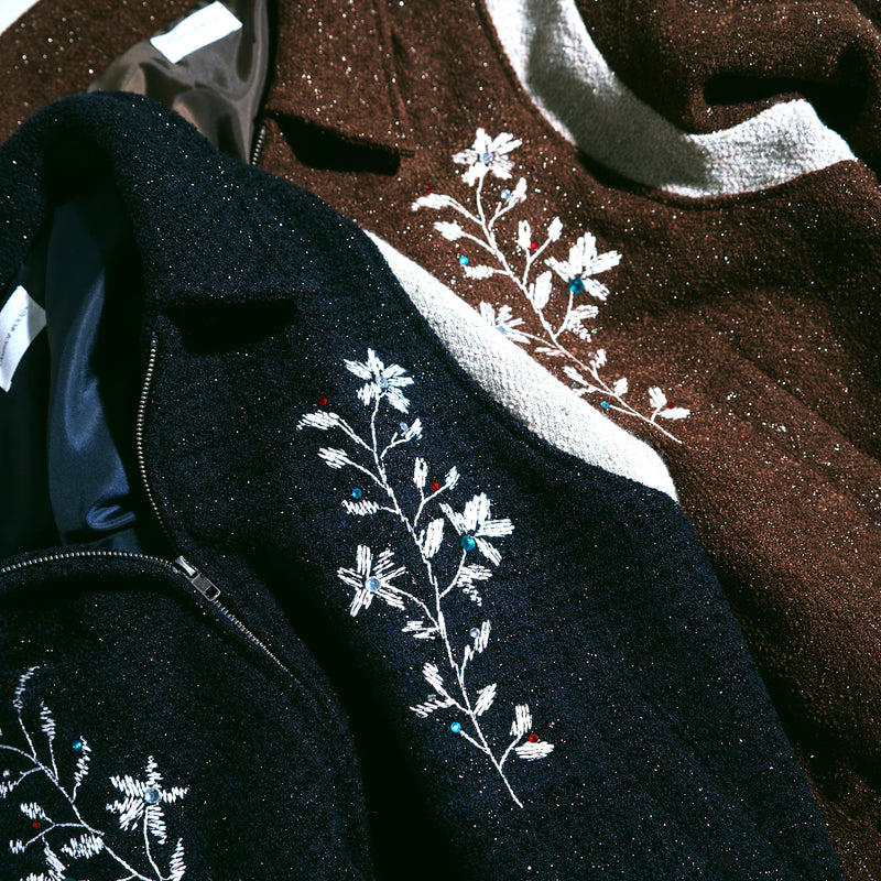 flower embroidery lame tweed varsity jacket