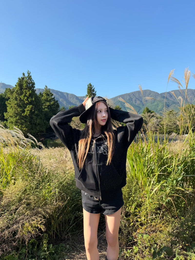 Universal logo rhinestone zip hoodie