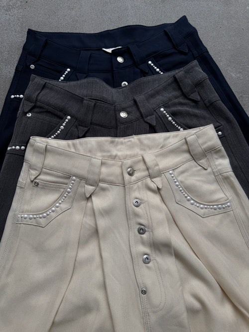 Pearl Studded Wide-Tuck Herringbone Slacks – YZ
