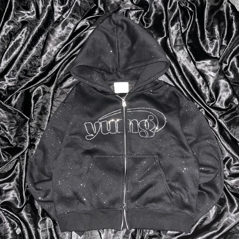Universal logo rhinestone zip hoodie