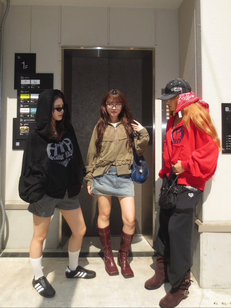 heart logo damage zip hoodie