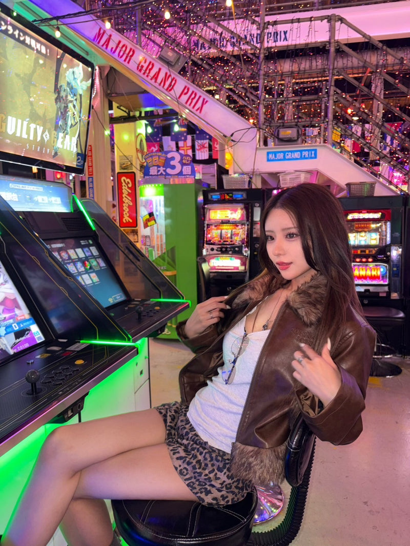 OE logo leather fakefar jacket