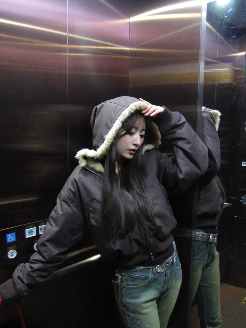 毛絨絨連帽羽絨夾克 